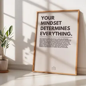 Motivational “Your Mindset Determines Everything” Poster – Minimalist Quote Wall Art for Home or Office, Room Decor, Unframed, 5 Size, 8x12 to 27x40 inch