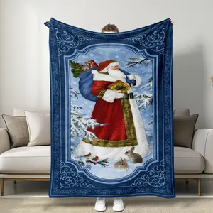 Vintage Christmas Flannel Blanket, Soft Plush Fabric, Classic Illustration Design, Perfect for Holiday Decor & Cozy Atmosphere