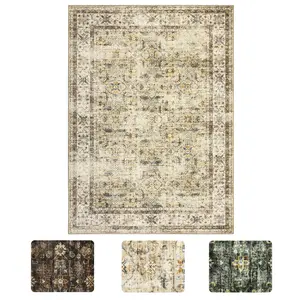 5 x 7 ft Polyester Cashmere Imitation Beige Brown Rectangular Hallway Bathroom Entryway Kitchen Office Foldable Flower Printed Persian Washable Area Rug