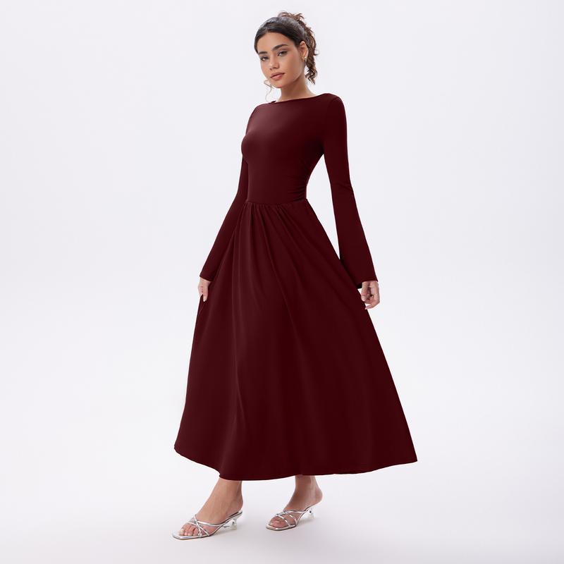 OQQfitness Womenswear Maxi Flowy Dresses Bell LongSleeve Boat Neck Adjustable Back Tie Casual Elegant Empire Waist Lace Basic Minimalist with Pockets