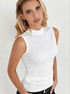 Women's Plain Mock Neck Tank Top, Casual Sleeveless Ribbed Top for Summer, Ladies Clothes for Daily Wear