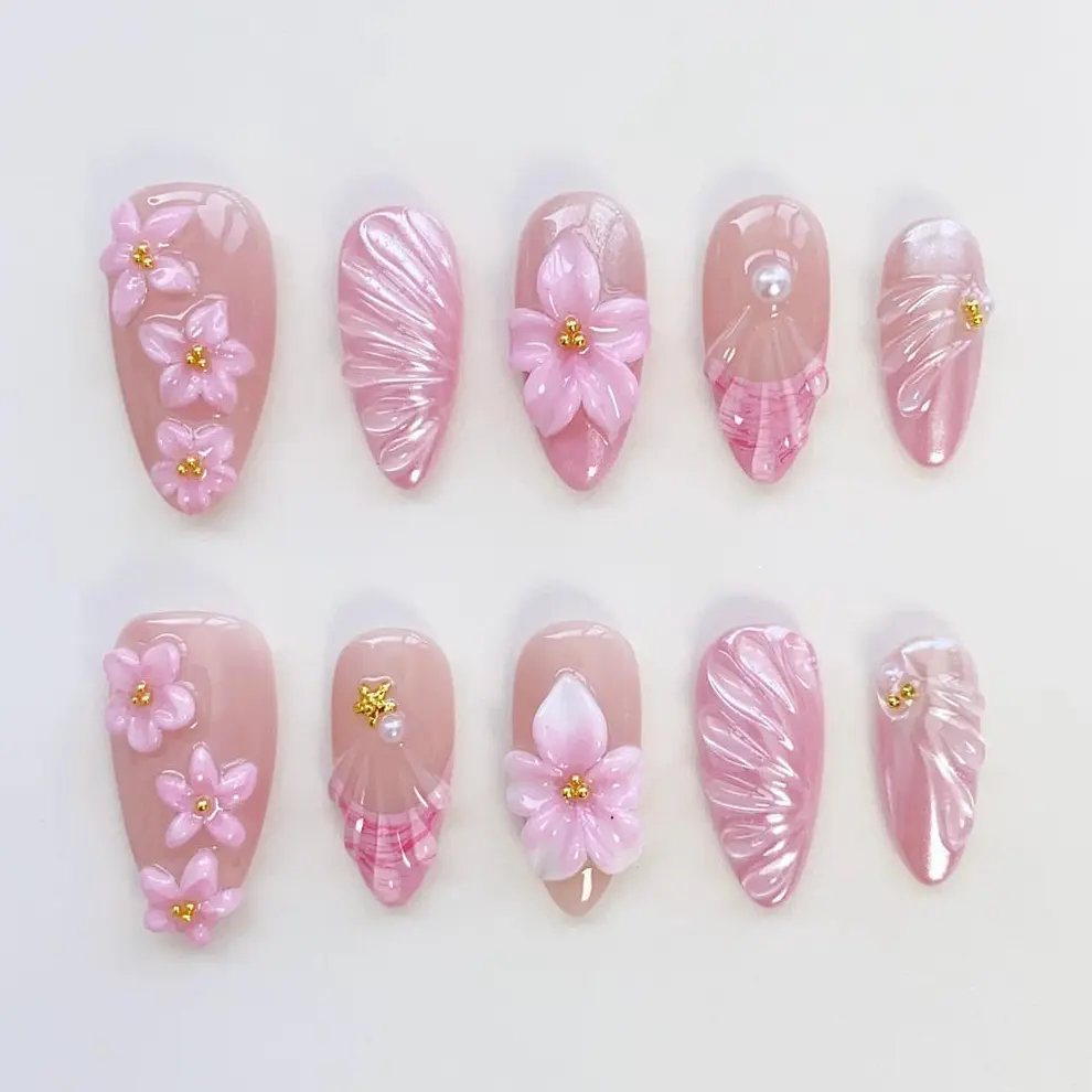Summer Floral Bloom Pink Press On Nails Short Almond Nails/Chrome Nails/Floral Nails/Flower Nails/Spring Nails/Holiday Nails/Birthday Nails