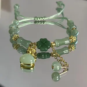 [Lucky Clover Bracelet] 1pc Women's Lucky Four-Leaf Clover Coin Bracelet - Chinese Style Design with Green Beads, Resin Glass Beads & Golden Accents, Perfect Gift for Mom, Suitable for Daily Wear & Parties