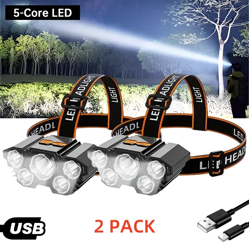 2 Counts Rechargable Headlamp, Led Head Lamp with 3 Modes, Waterproof Head Lights For Forehead, Hard Hat Light, Adjustable Head Flashlight For Adults,