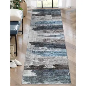 2x6 Washable Runner Rug, Modern Abstract Hallway Rug Runner, Non-Slip Thin Accent Rug Lightweight Navy Grey Print Distressed Carpet Runner for Laundry Entryway Bedroom Kitchen Bathroom Indoor