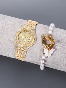 Luxurious Pavé Diamond Men's Quartz Watch Set: Featuring a Faux Chronograph Dial & Steel Bracelet