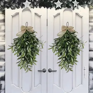 2 pieces - Spring and summer olive teardrop wreath, artificial green plant olive hanging tree, plastic winter green leaves with berries and rope ornaments, olive leaf fruit bow wreath, spring and summer door hanging home decoration, maintenance-free decor