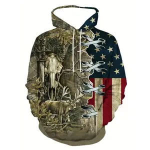 Men's deer and American flag print hooded sweater, fashionable and casual, suitable for autumn and winter, men's clothing