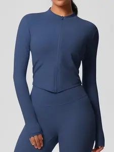 Women's Solid Zip Up Mock Neck Sports Coat, Basic Sporty Long Sleeve Outerwear for Yoga Gym Workout, Ladies Sportswear for All Seasons, Womenswear