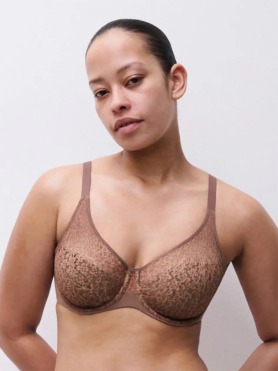 Women's Chantelle Norah Molded Cup Lingerie Bra - Wild Brown Nylon Seamless Lacy Elastane Knit Wired, Tall Band, Everyday Feminine Aesthetic Soft Basic 32D Bra, Ideal for Bikini Coordination, Floral, Molded Cups, Nylon Blend
