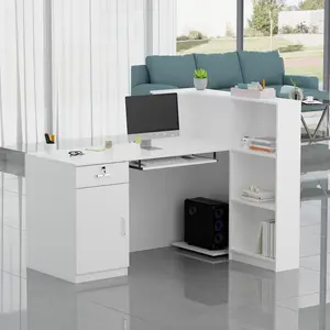 FUFU&GAGA Reception Desk with Lockable Drawer, Open Shelves & Keyboard Tray, Office Desk Reception Counter Table with Cabinet