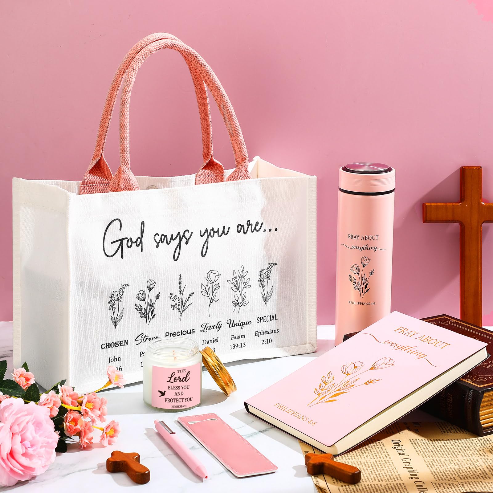 Easter Christian Gifts for Women 6pcs Religious Gift with Canvas Tote Bag Makeup Bag Candle Cross Necklace Thermos Cup Greeting Card Faith Inspirational Catholic Gift for Women Friends Mother Sister Wife, Sunday Prayer Gift for Easter Communion Holiday