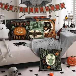 4pcs Retro Halloween Decorative Pillow Cover, 18x18 inches set of 4, Ghost Cat, Pumpkin, Skull, Bat Pattern, Single sided Printed Zipper Cushion Cover, Halloween Home Decoration, Halloween Decorations (without Pillow Core)