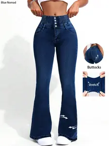 Women's High Waisted Elastic Slim Fit Bell Bottom Pants, Single Row Four Button Design, Casual Daily Wear, All Seasons