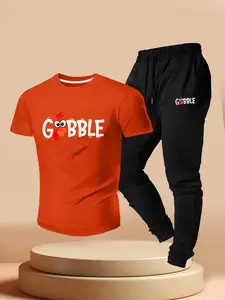 Thanksgiving Fun Gobble Turkey Letter Print, Casual Short Sleeve T-Shirt + Waistband Sports Pants Summer Two-Piece Set