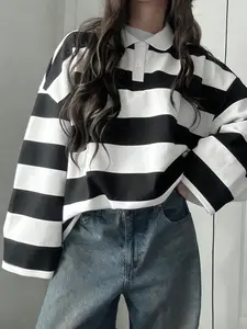 Women's Oversized Striped Polo-collar Long-sleeve Top, Casual Loose-fit Y2K Black & White Striped Pullover, Perfect for Daily Wear