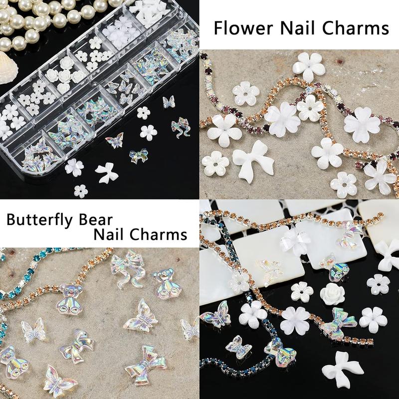 2 Pack 3D Acrylic Butterfly Flowers Nail Accessories Diamond Pearl Chain Half Circle Decal Jewelry Metal Hollow Nail Accessories Fashion Accessories