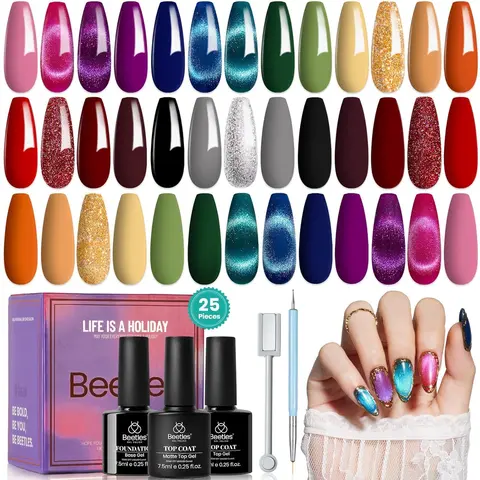 Beetles 20-Color Alcohol-Free Vibrant Gemstone Cat Eye Gel Nail Polish Set (5mL) - Amber Twilight Nail Care Kit with Burgundy, Red, Purple, Black Shades, Magnet Pen, Base & Top Coat, Glossy Soak-Off UV LED Manicure for Adults, Halloween Gift Set