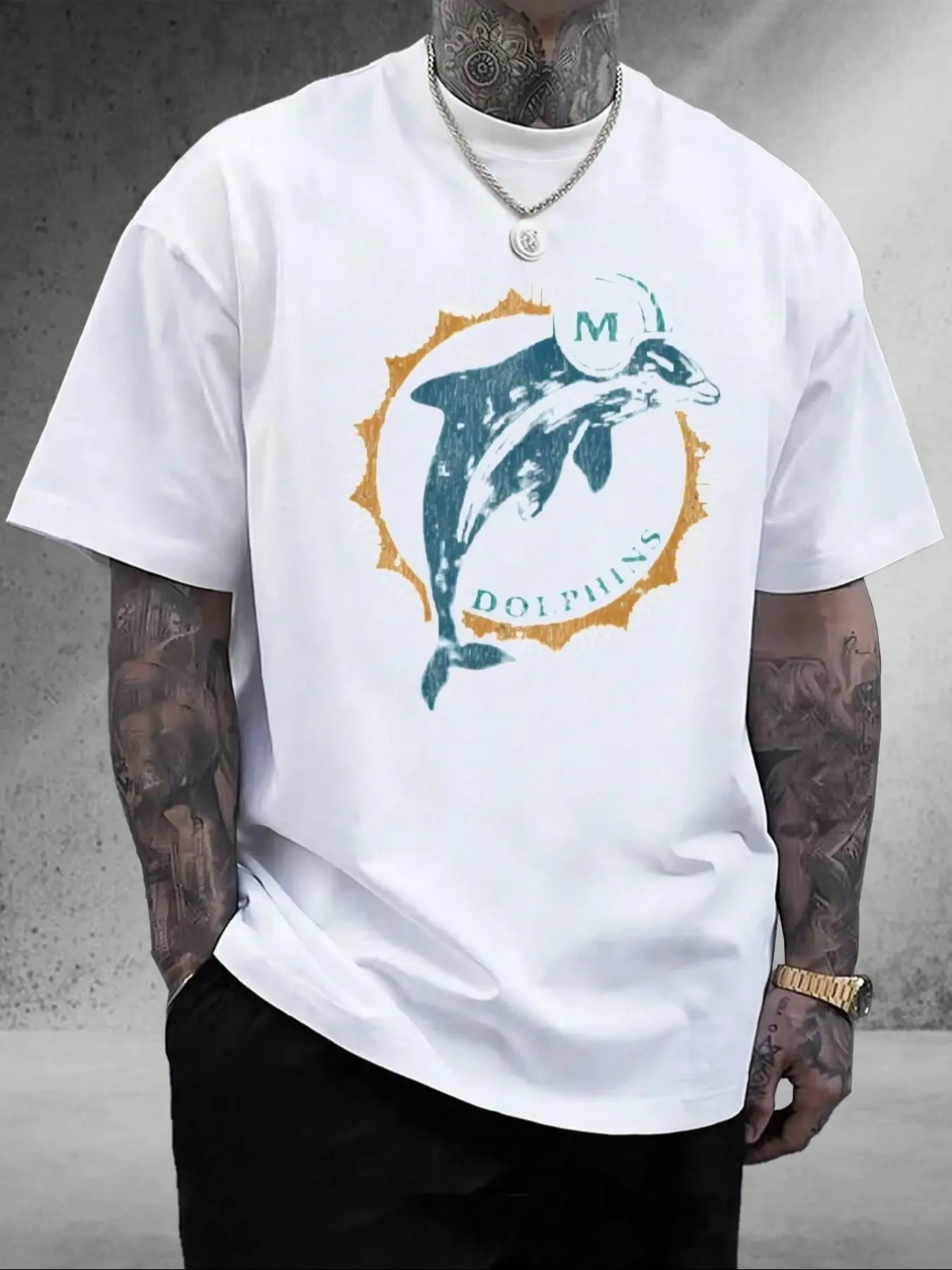 Men's Miami Football Graphic Print Regular Fit Knit T-Shirt, Summer Loose Casual Fashion Short Sleeve Round Neck Top for All Seasons Menswear