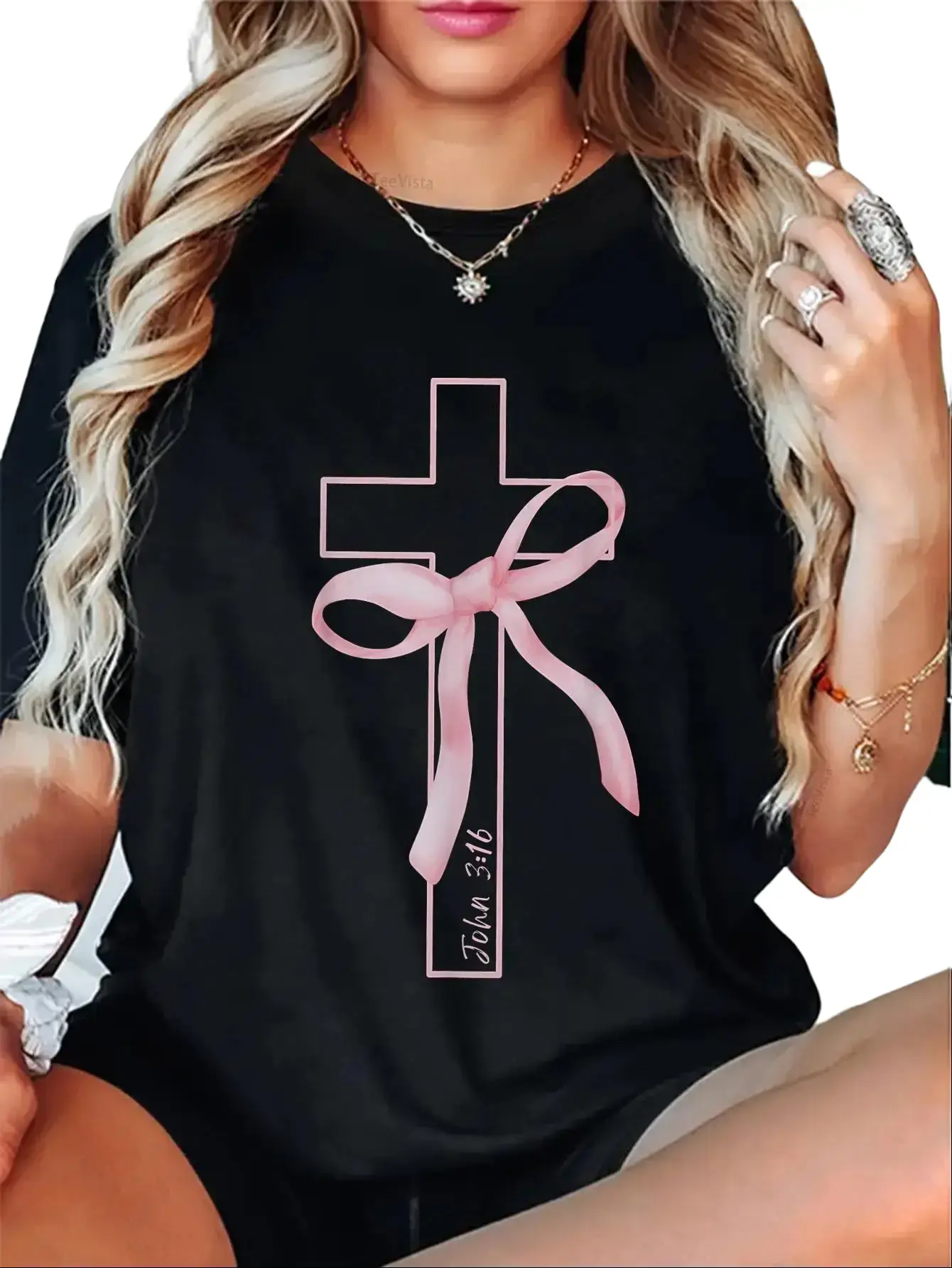 Women's 100% Cotton Coquette Christian Pink Bow Cross John 3:16 Bible Verse Short-Sleeve T-Shirt, Comfortable Fitted Everyday Sporty Unisex Crewneck Vet Tech Gift