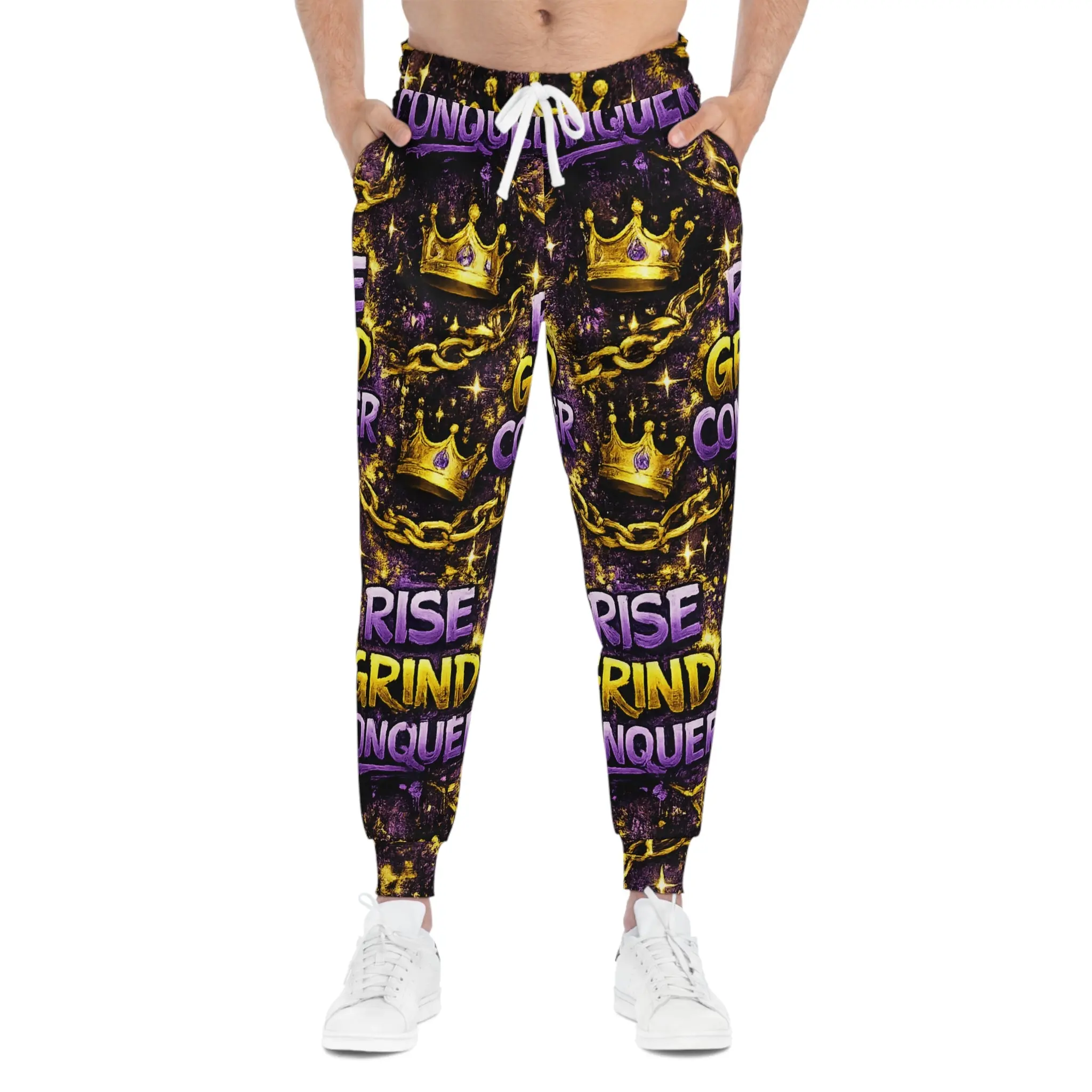 Motivational 'Rise Grind Conquer' Joggers — Bold AOP Athletic Sweatpants