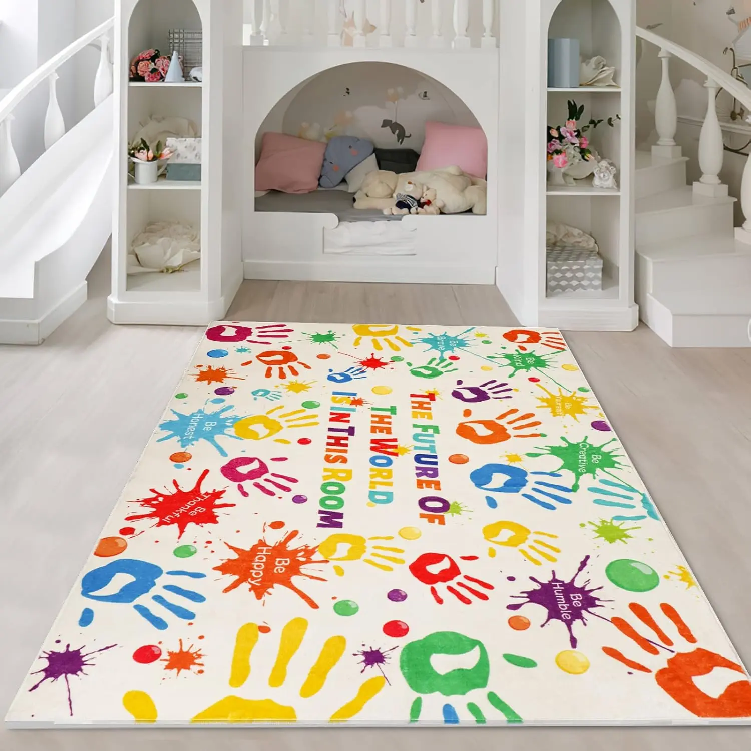 Kids Educational Play Mat, Colorful Handprint Inspirational Quotes Baby Crawling Rug, Be Kind Be Brave Positive Message Toddler Learning Floor Mat for Playroom Nursery Reversible Baby Play Gym Mat thicken soft cotton baby playmats