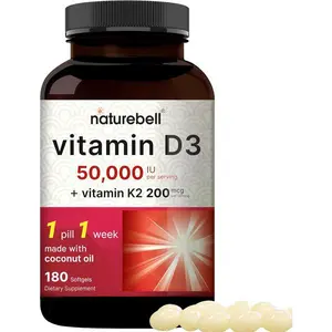 Vitamin D3 50000 IU with K2 200mcg – Once Weekly Formula with Coconut Oil – Maximum Strength Bone Heart and Immune Support – MK 7 Form – Non GMO – 180 Softgels