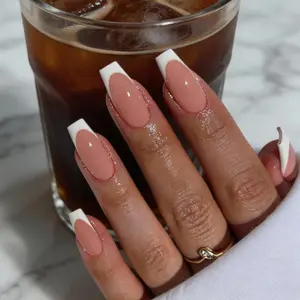 10pcs Handmade Reusable Full Cover Nail Stickers - Square Medium Length French Pointed Pink And White Glossy Press-On Nails, Suitable For Women, Commute And Casual Wear, Minimalist Elegant Design, Nail Stickers, Professional Manicure, High Quality Sticker