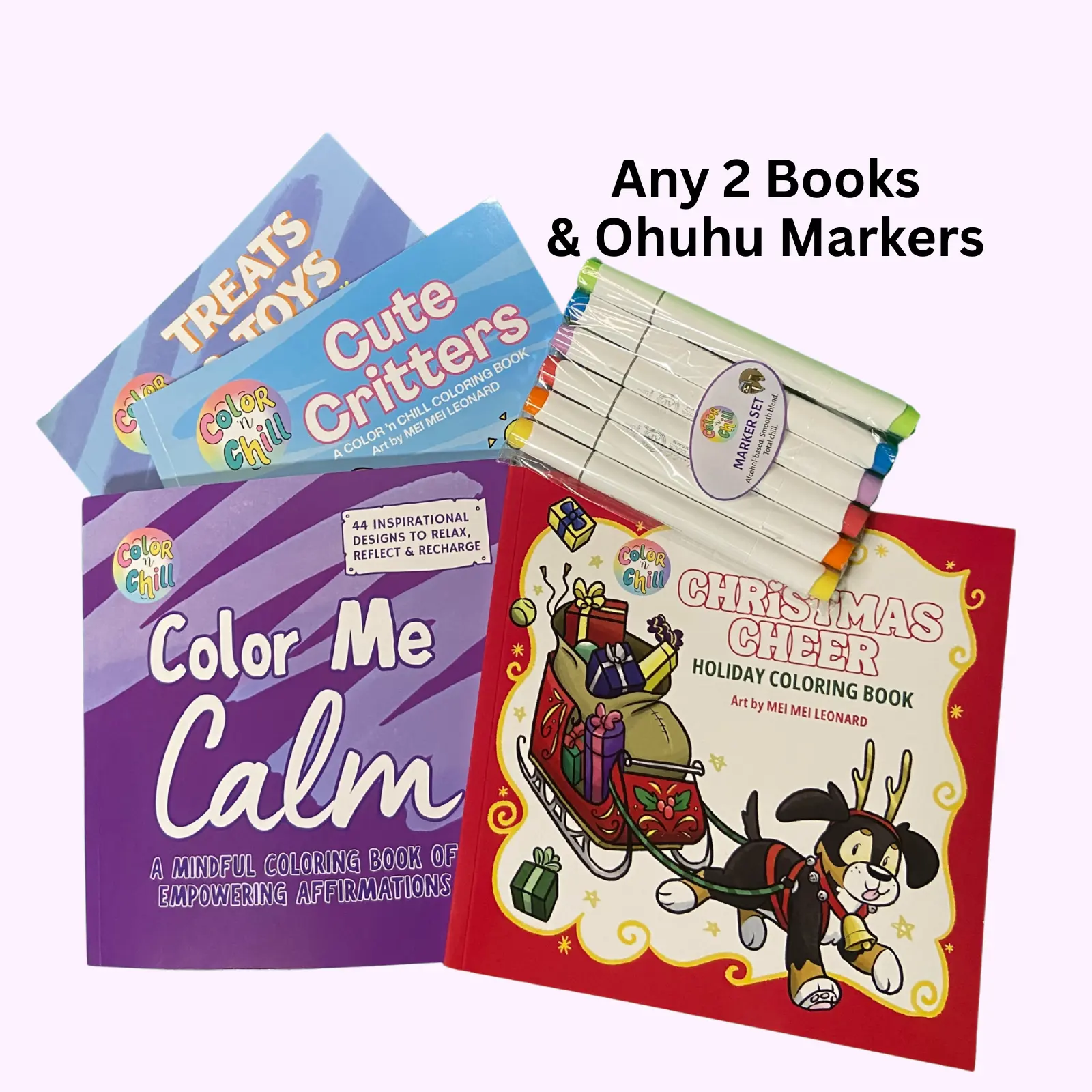 Color ’n Chill 2-Book Coloring Kit – Premium Paper Books, Ohuhu Alcohol Markers & Swatch Cards