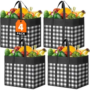 Reusable Grocery Bags 4-Pack, Foldable Reusable Shopping Tote Bags Bulk with Reinforced Handles, Large Storage Bags with Water Resistant Coating, Multipurpose for Groceries, Black-White