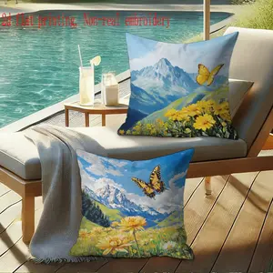 2pcs Zippered Throw Pillow Covers, Spring Theme Butterfly Mountain Wildflower Design, Hand Washable Home Decor for Sofa Bed