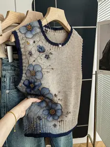 Women's Casual Fitted Knit Top, Spring Summer Round Neck Sleeveless Everyday Sweater, Deep Blue Floral Color Block Print, Fall Winter Knitwear