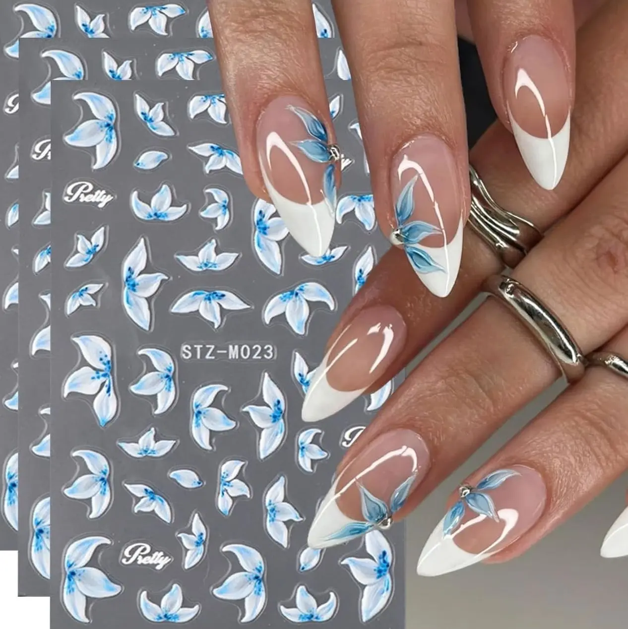 Flower Nail Art Stickers Decals Blue White Flower Nail Decals 3PCS 3D Embossed Blue White Lily Floral Petal Spring Summer Nails Design Adhesive Sliders Accessories for Women DIY Nail Art Decorations