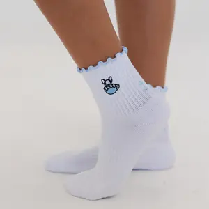 Frenchie Pilates Sock - White with Embroidered Frenchie in Light Blue Mug & Heart-Shaped Paw Prints - Fits US Women's 5-10