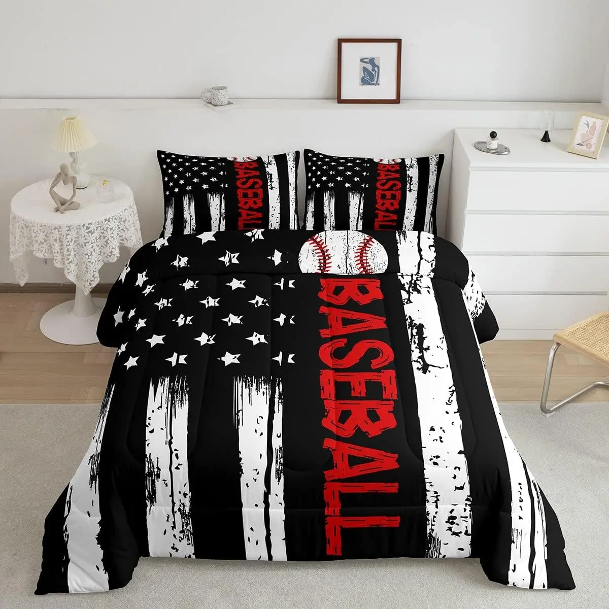 Baseball Comforter Set,Sports Bedding USA Flag Quilt Set,Baseball Print Duvet Geometric Stripe Breathable Vintage Home Decor Bedding Set