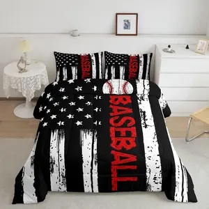 Baseball Comforter Set,Sports Bedding USA Flag Quilt Set,Baseball Print Duvet Geometric Stripe Breathable Vintage Home Decor Bedding Set