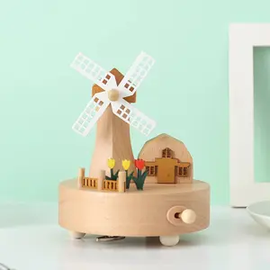 Hand-Cranked Windmill Wooden Music Box – Beech Wood