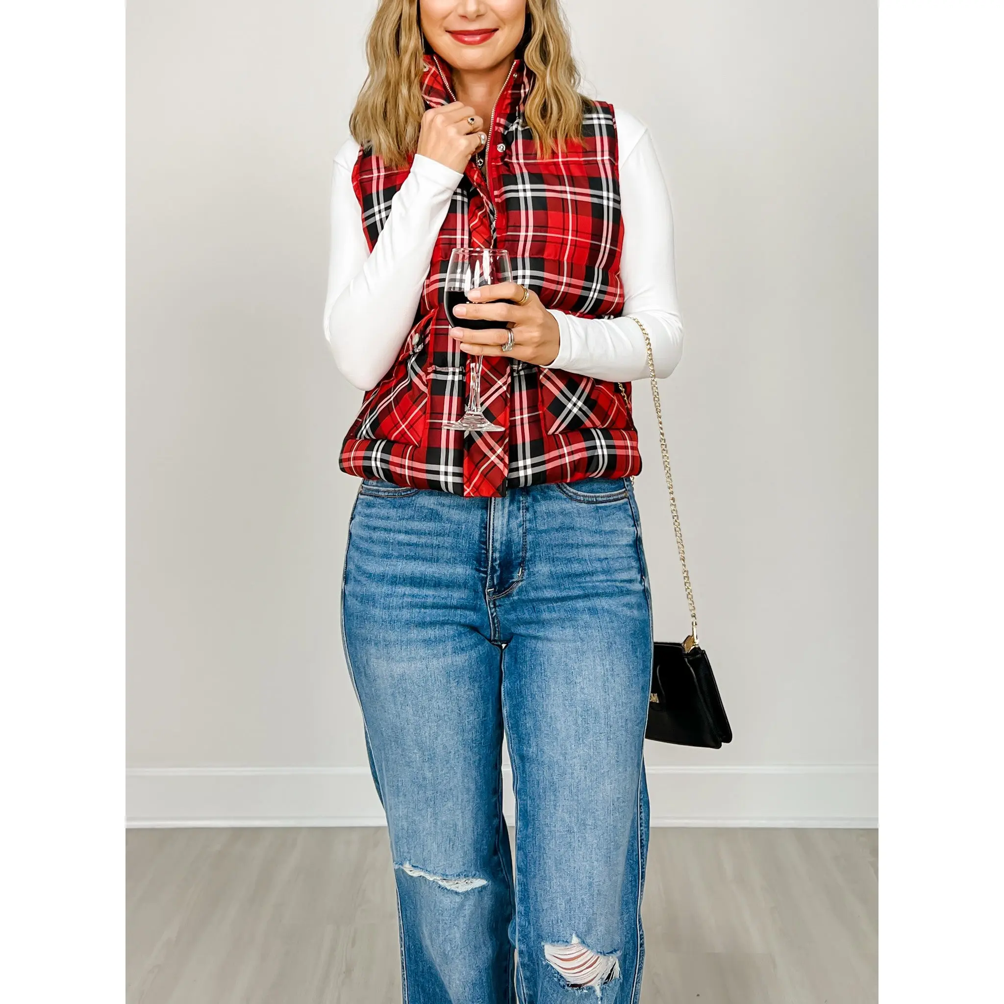 Sleeveless Zipper Front Plaid Puffer Vest