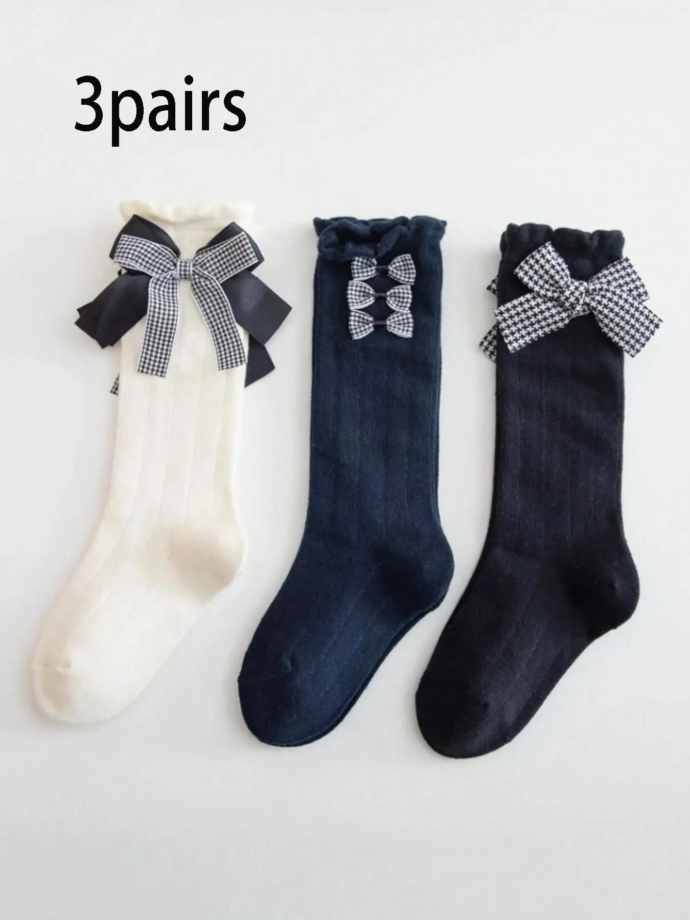 3 Pairs Kids Socks Set, Simple Solid Color Striped Checkered Bow Accent, Breathable High-Calf Socks, Cute Sweet Ankle Socks, Comfortable Soft, Wearable, Pair with Small Shoes, Daily Use