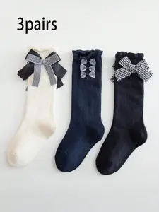 3 Pairs Kids Socks, Simple Solid Color Striped Checkered Bow Accent, Breathable High-Calf Socks, Cute Sweet Ankle Socks, Comfortable Soft, Wearable, Pair with Small Shoes, Daily Use