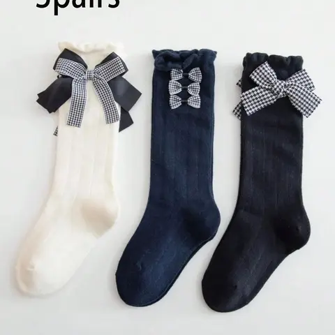 3 Pairs Girls' Socks Set, Solid Color with Gingham Checkered Bow Accent, Breathable High-Calf Socks, Comfortable Soft, Pair with Mary Janes & Dress Shoes, Daily Use