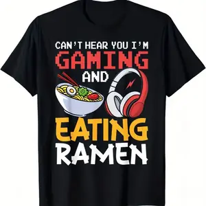 Gamer & Ramen Lover Cotton Short Sleeve T-Shirt - Round Neck Unisex Tops Tees T-Shirts, Fun Graphic Casual Daily Wear