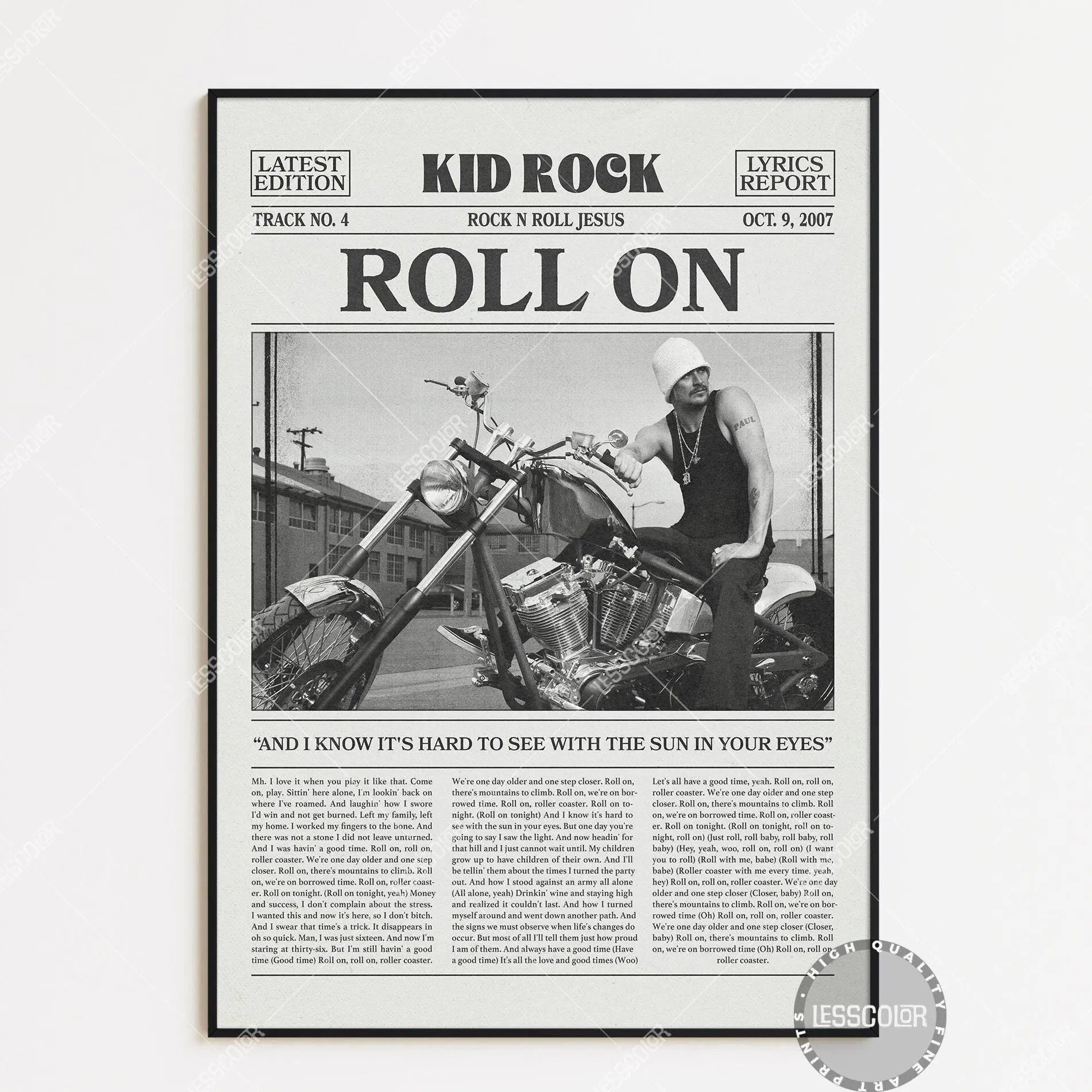 Kid Rock Retro Newspaper Print, Roll On Poster No Frame, Roll On Lyrics Print, Kid Rock Poster, Rock n Roll Jesus poster