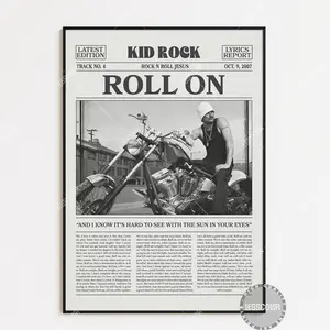 Kid Rock Retro Newspaper Print, Roll On Poster No Frame, Roll On Lyrics Print, Kid Rock Poster, Rock n Roll Jesus poster