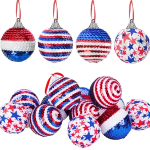 12 Pieces Independence Day Hanging Ball - 1.57" Memorial Day Sequin Hanging Ball Ornament - 4th of July Red White Blue Tree Decorations for Memorial Day Veterans Patriotic USA Themed Party Supplies