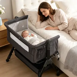 【SummerVibes】 Portable Baby Bed 6-in-1 - Foldable Crib w/ 6 Height Adjustments, Bedside Sleeper, Rocker & Bassinet + Storage Basket & Mattress & Ultra-Quiet Wheels , Nursery Must-Have Folding Sleeping Cot