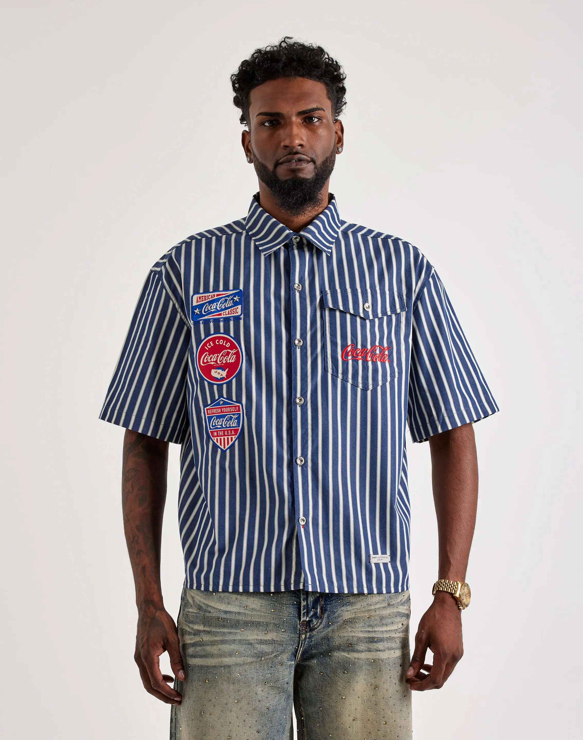 Mens Preme Woven Coca-Cola Short-Sleeve Button Shirt