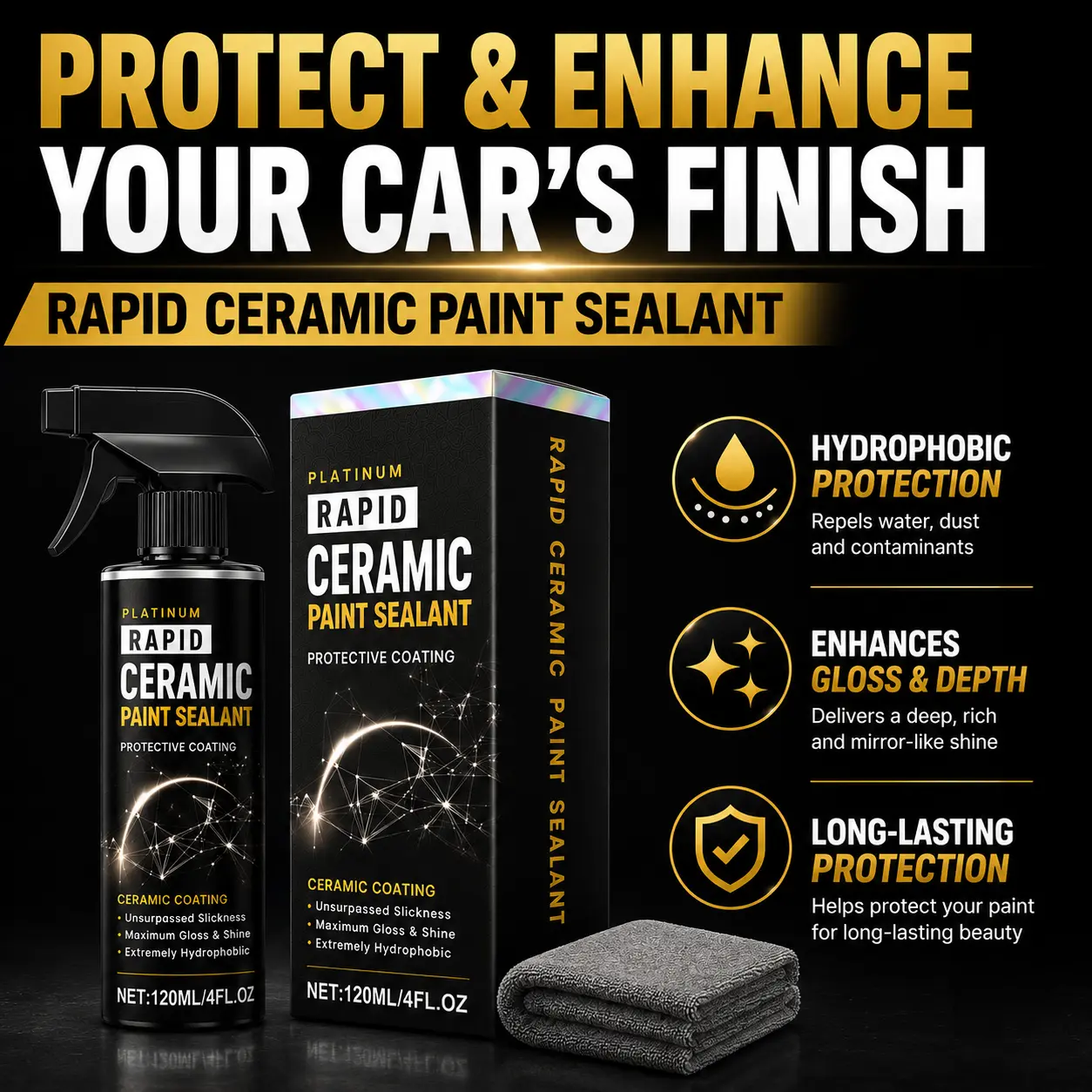 Rapid Ceramic Paint Sealant Spray for Cars, Quick‑Apply Ceramic Coating Spray, Mirror‑Like Gloss Finish, UV & Water Spot Protection, Auto Surface Care for Car, Motorcycle, RV, 120ml with Cleaning Cloth