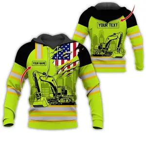 Personalized Excavator Hoodie, Custom Name & Text Construction Worker 3D Print Sweatshirt with USA Flag, Gift for Builders Operators