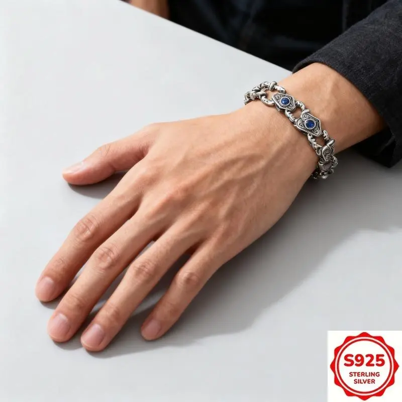 S925 Silver Blue Stone Link Bracelet for Men - Thick, Heavy Duty Chain with Sapphire Accent, Retro Engraving, Secure Snap Lock, Statement-Making Links, Masculine Appeal Statement Piece for Daily Wear & Gifting
